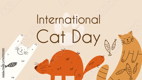 International Cat Day hand draw vector background, poster, banner. Funny world cats. Celebration of August 8. Vector illustration