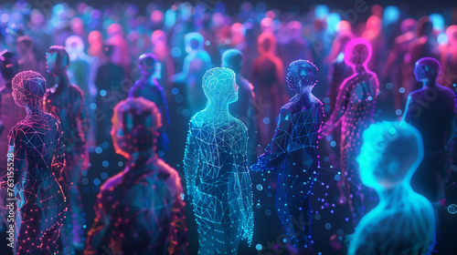 Group of People Standing Before a Crowd, holographic wireframe digital visualization photo