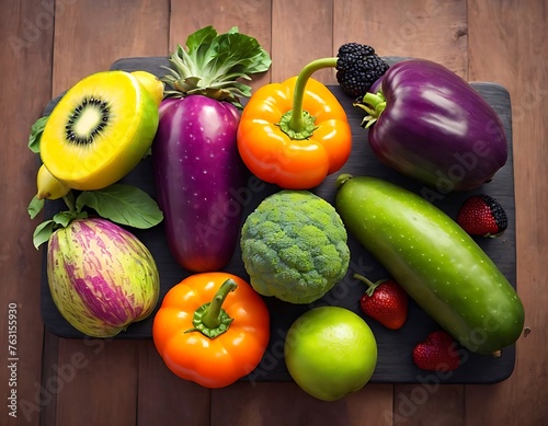 Fresh fruits and vegetables on a wooden background. Healthy food concept.