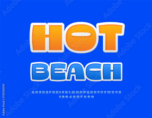 Vector touristic flyer Hot Beach with Blue Alphabet Letters and Numbers set. Playful bright Font.