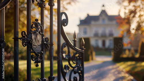 Elegant Wrought Iron Gate, Historical Estate, Autumn Evening