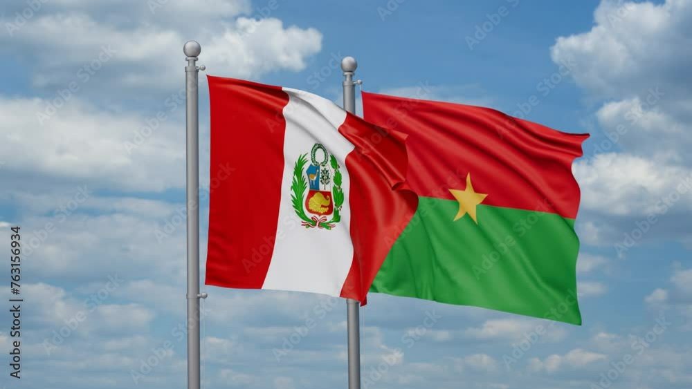 Burkina Faso and Peru two flags waving together, looped video, two country relations concept Burkina Faso and Peru two flags waving together, looped video, two country relations concept