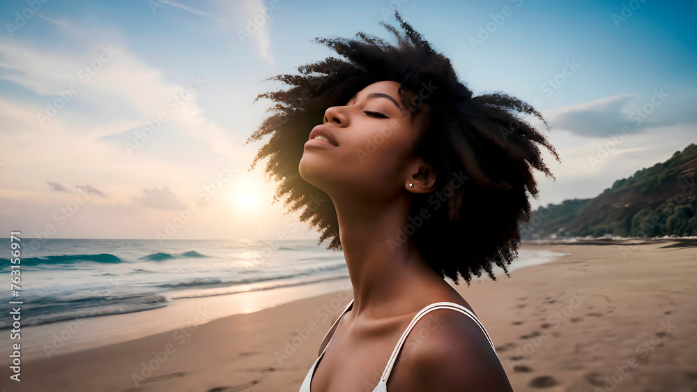 Black woman with afro hair breathes fresh air on the beach with her eyes closed and enjoying the tranquility at sunset. Relaxed afro black woman breathes fresh air natural and healthy beach lifestyle Black woman with afro hair breathes fresh air on the beach with her eyes closed and enjoying the tranquility at sunset. Relaxed afro black woman breathes fresh air natural and healthy beach lifestyle