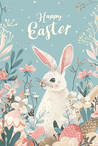 Cute cartoon illustration of an Easter bunny holding large colorful eggs, surrounded by spring flowers and the text "Happy easter", in a pastel color styl