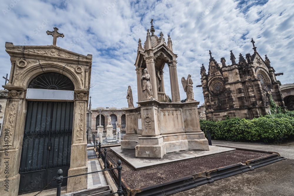 Tombs on Poblenou Cemetery in Poblenou neighbourhood of Barcelona city, Spain