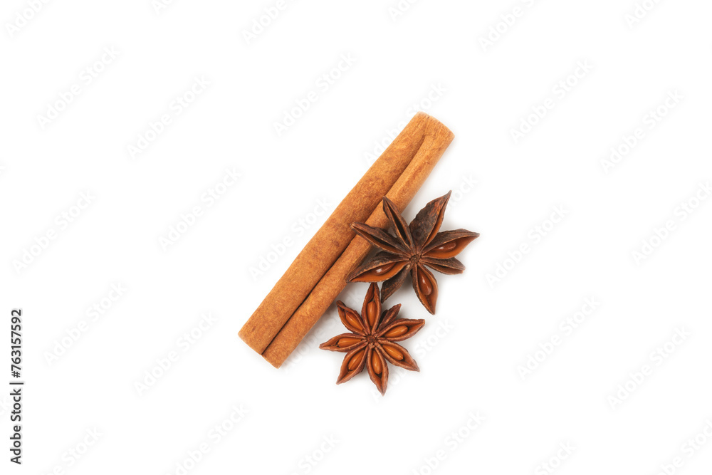 Cinnamon sticks and anise isolated on white background. Cinnamon roll and star anise. Spicy spice for baking, desserts and drinks. Fragrant ground cinnamon. Cinnamon sticks and anise isolated on white background. Cinnamon roll and star anise. Spicy spice for baking, desserts and drinks. Fragrant ground cinnamon.