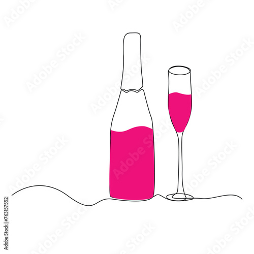 wine bottle and glass continuous one line art drawing minimalist design vector and illustration