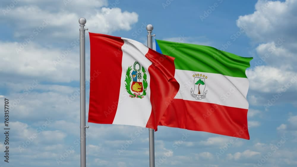 Equatorial Guinea and Peru two flags waving together, looped video, two country relations concept Equatorial Guinea and Peru two flags waving together, looped video, two country relations concept