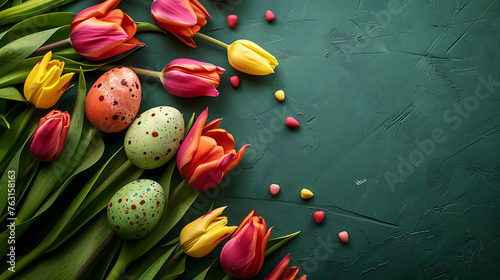 Easter background,  Tulips and eggs on green background, space for text