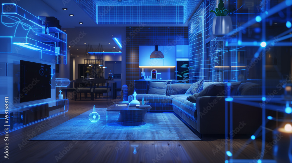Modern Living Room With Furniture and Blue Lights, holographic wireframe digital visualization