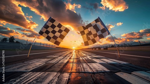 Two large checkered flags, icons of motor sport on empty racetrack during sunrise. Concept of motorsport, tournament photo