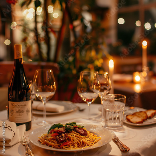 Intimate dinner in an Italian restaurant, table for two with a bottle of wine, plates of gourmet pasta and freshly baked bread