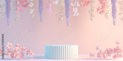 Product stage featuring a grooved pedestal and flowers