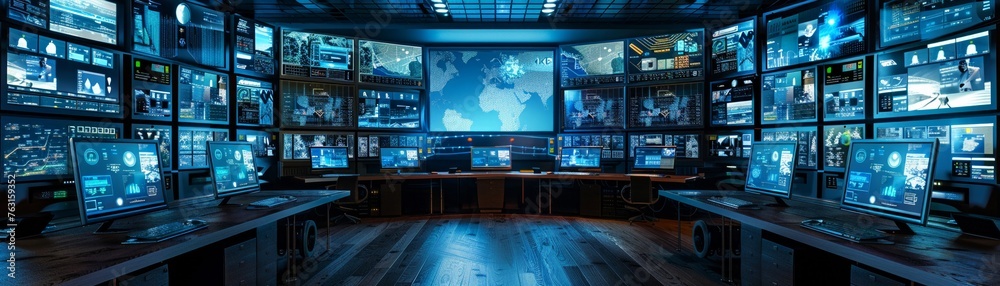 High tech security control room with multiple screens High tech security control room with multiple screens