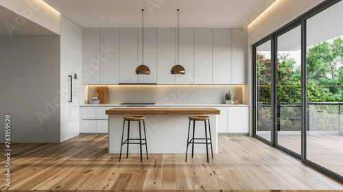 Interior de cocina en una hermosa casa nueva de lujo con isla de cocina y suelo de madera, estilo moderno minimalista y luminoso, con espacio para texto. photo