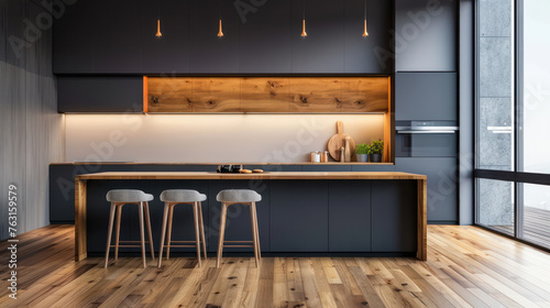 Interior de cocina en una hermosa casa nueva de lujo con isla de cocina y suelo de madera, estilo moderno minimalista y luminoso, con espacio para texto.