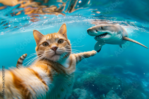 A playful orange cat taking an underwater selfie with a curious looking shark in the clear blue ocean water