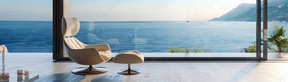 Fototapeta premium Modern lounge chair by a large window overlooking the sea