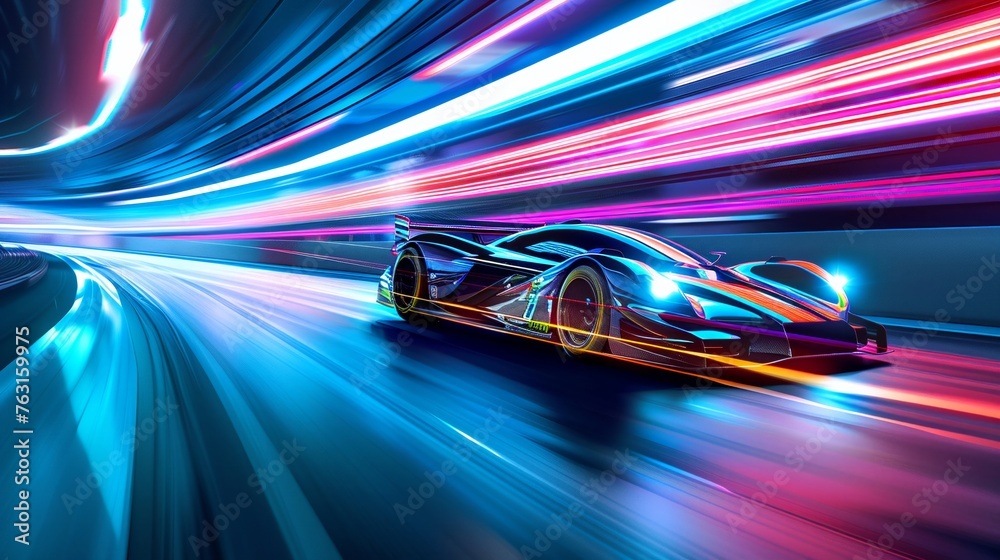 High speed futuristic race car with light trails on a track