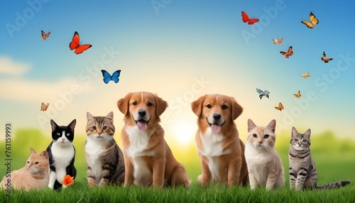 National pet day theme along with cute animals including dogs cats parrots and other birds along with grass trees blue sky sun butterflies
