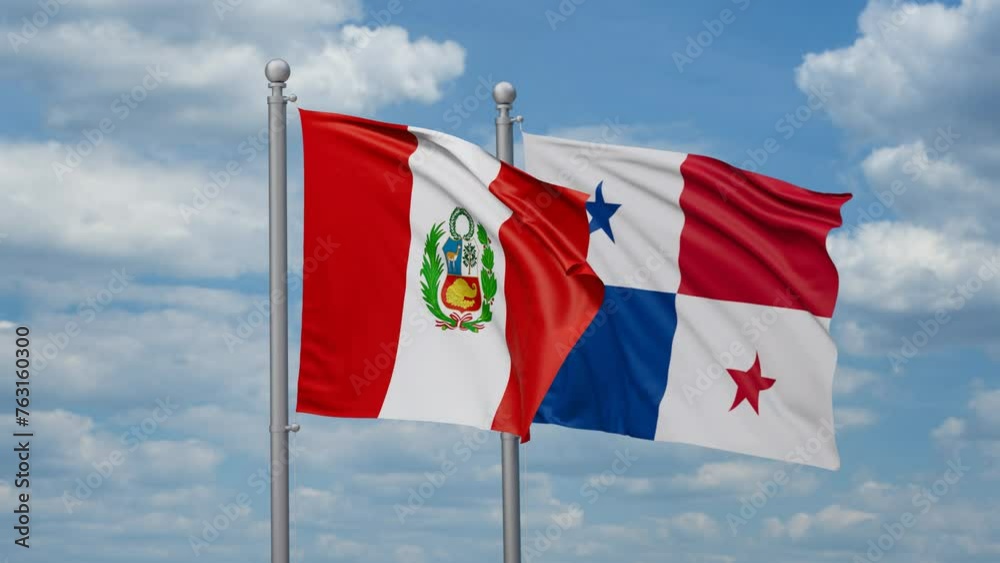 Panama and Peru two flags waving together, looped video, two country relations concept Panama and Peru two flags waving together, looped video, two country relations concept