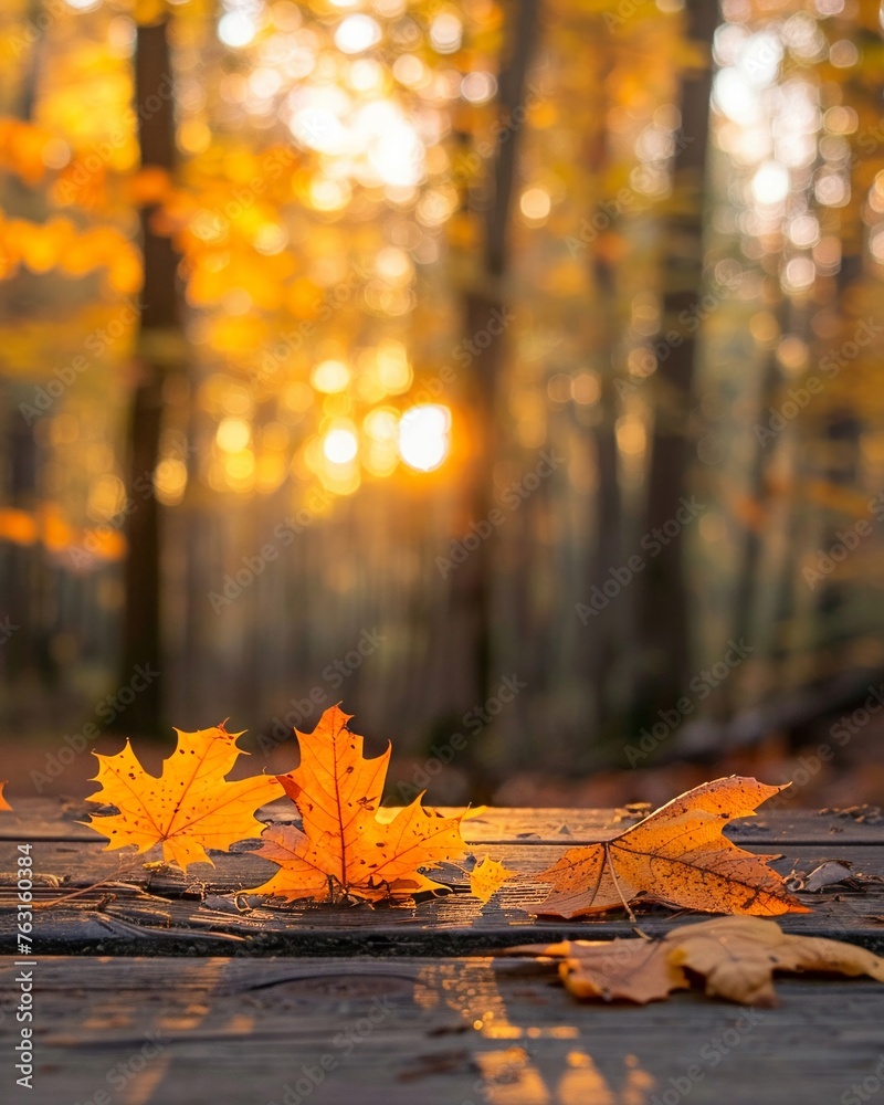 Maple leaves on a wooden surface with a softfocus forest and golden sunlight in the background