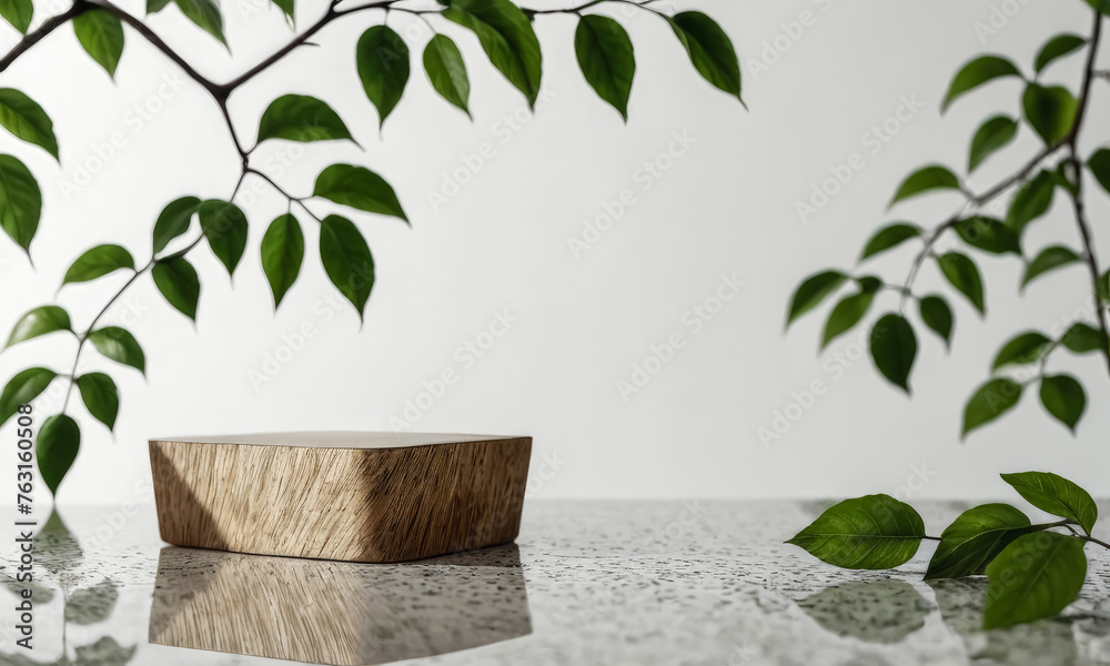 Minimalist Wooden Podium with Nature Background Minimalist Wooden Podium with Nature Background