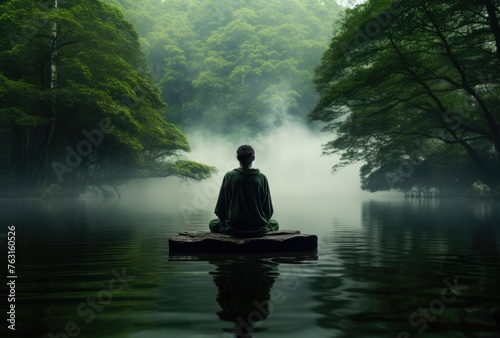 A monk sitting on a rock by a lake in Yokohama, Japan.