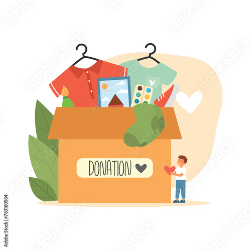 Clothing donation concept. Volunteer litle boy with heart in arms near donation box with clothes. Flat Vector illustration