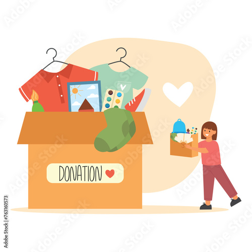 Little girl brings cardboard box with goods for charity. Big paper box with donation clothes