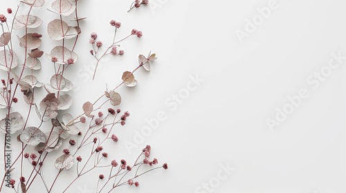 Minimalist Greeting Card Mockup with Delicate Dry Eucalyptus Leaves Top View on a Clean White Background