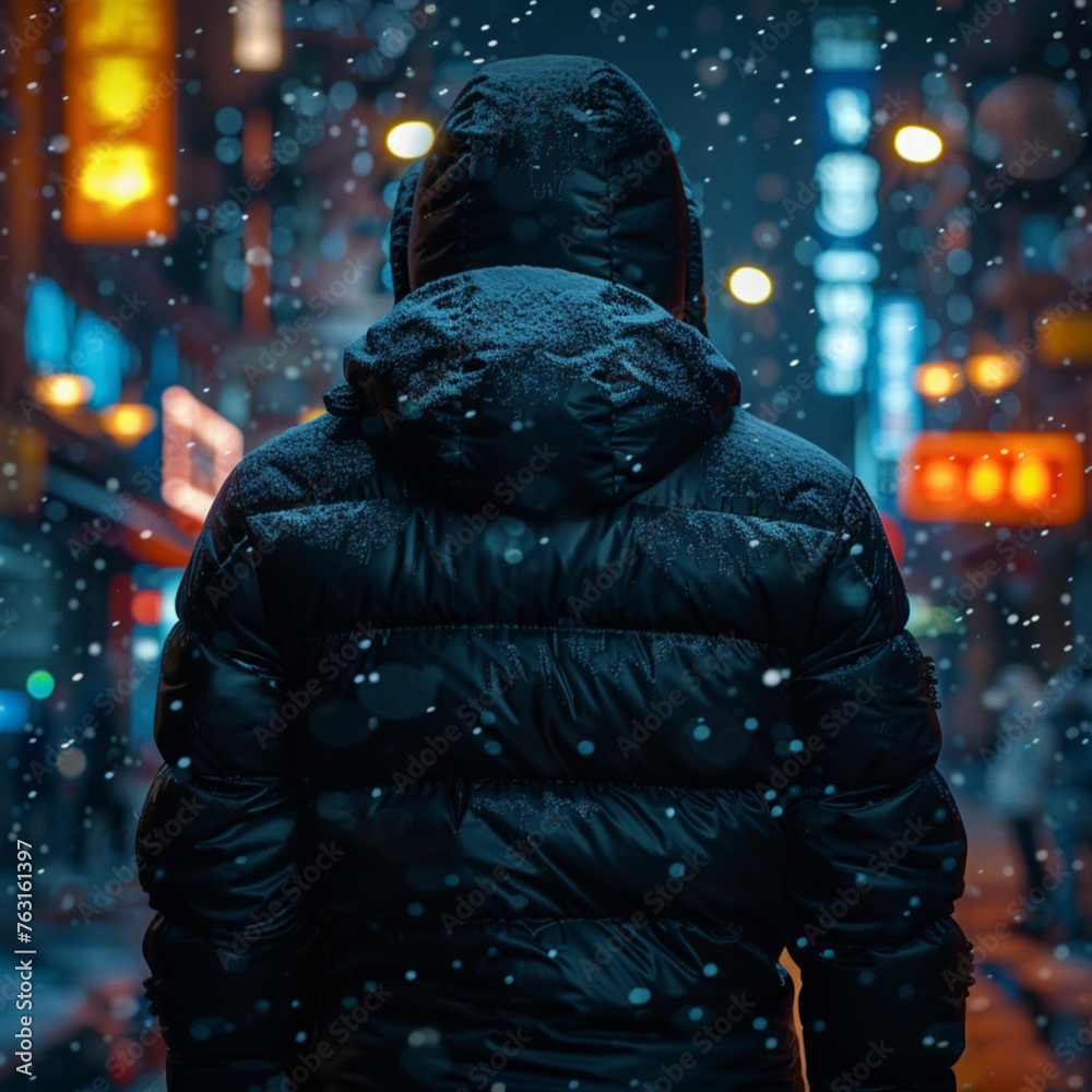 photorealist close up shot of a man wearing a shapka and a black puffy jacket, back view, epic cinematic shot, portrait professional photo shooting. Night ambiance, artificial lights photorealist close up shot of a man wearing a shapka and a black puffy jacket, back view, epic cinematic shot, portrait professional photo shooting. Night ambiance, artificial lights