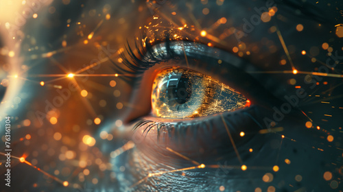 Close Up of Persons Eye With Bright Lights Background, holographic wireframe digital visualization