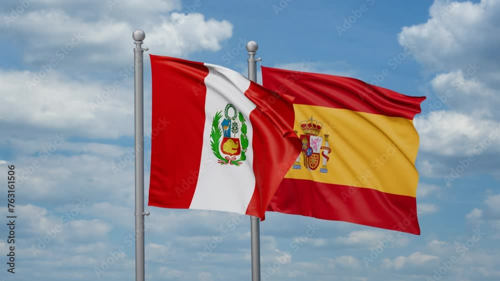 Spain and Peru two flags waving together, looped video, two country cooperation concept Spain and Peru two flags waving together, looped video, two country cooperation concept