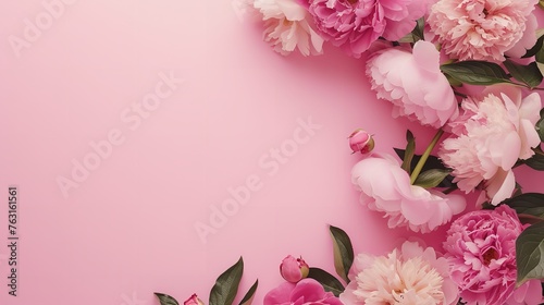 Peonies and roses on pink background with copy space