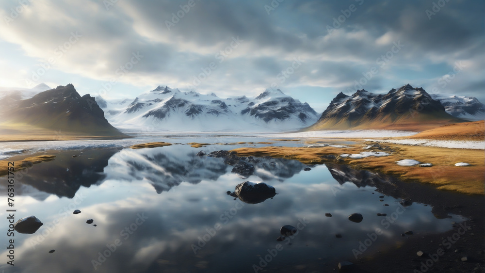 Obraz premium Landscape with reflection of snowy mountain in the lake