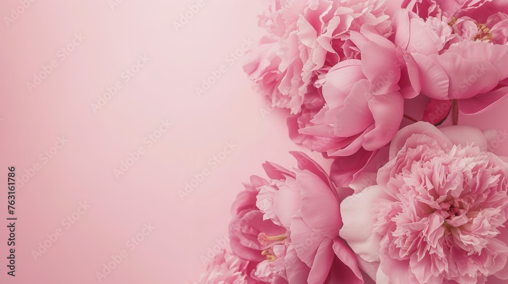 Peonies and roses on pink background with copy space Peonies and roses on pink background with copy space
