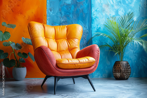 An orange leather sofa in a simple living room. Mockup concept. photo