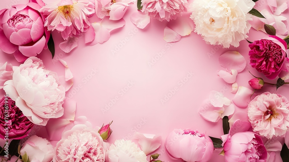 Peonies and roses on pink background with copy space Peonies and roses on pink background with copy space
