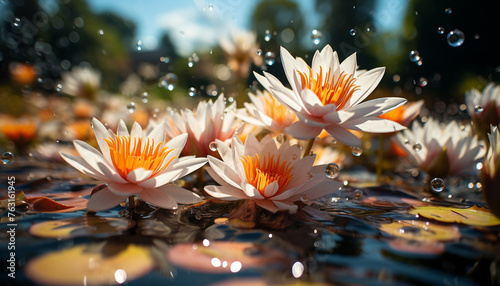 Beautiful lotus flower floating on calm pond  reflecting sunset colors 