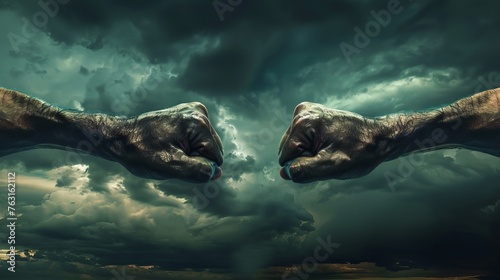 Fight, close up of two fists hitting each other over dark, dramatic sky