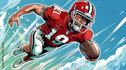 A cartoon illustration depicts an American football player in action. photo