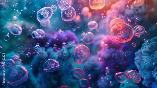 Abstract composition with underwater tubes with colorful jelly balls inside and bubbles