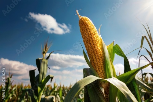 Harvest sweet maze corn on field in sunny summer day. Blue sky copy space.