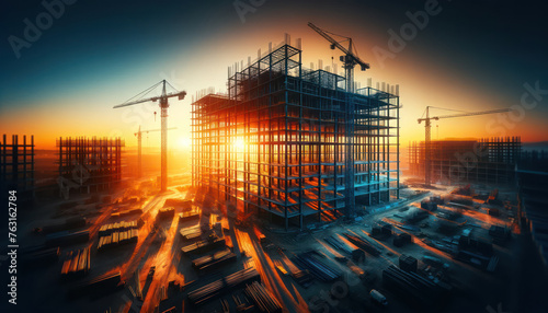 Wallpaper Mural panoramic view of a construction site at sunrise. The silhouette of a partially constructed building stands against the vibrant colors Torontodigital.ca