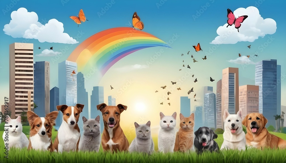 Naklejka premium National pet day theme along with cute animals including dogs cats parrots and other birds along with grass trees blue sky sun butterflies behind buildings