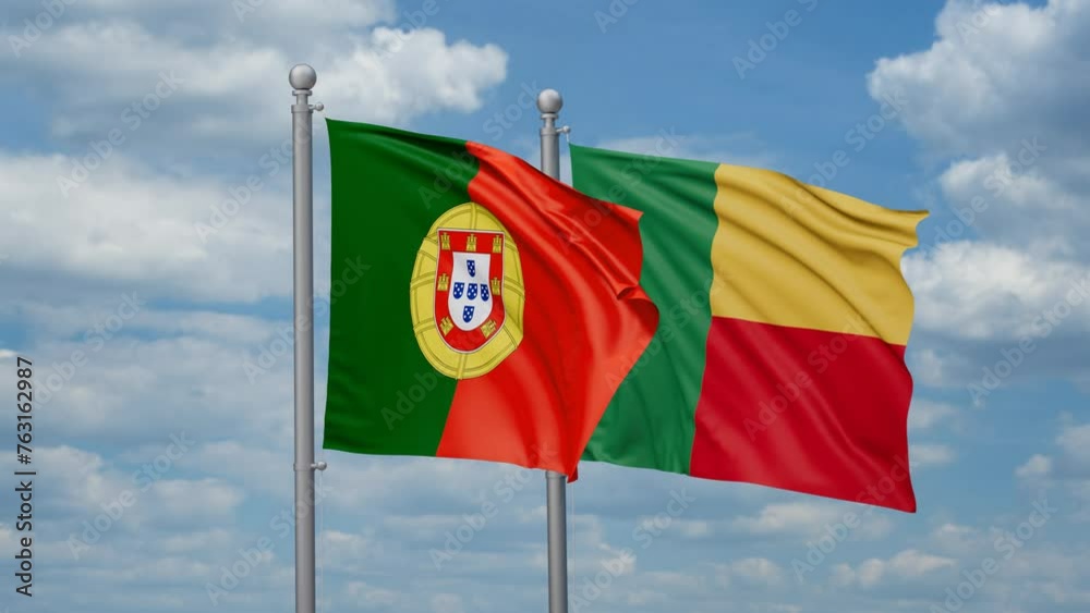 Portugal and Benin two flags waving together, looped video Portugal and Benin two flags waving together, looped video