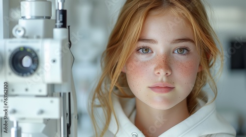 Young girl with red layered hair gazes at the camera in front of a machine