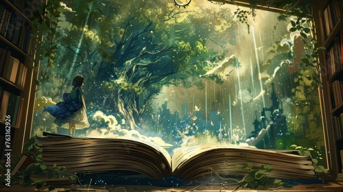 Magic adventure story coming out of an open book, symbolizing the power of reading