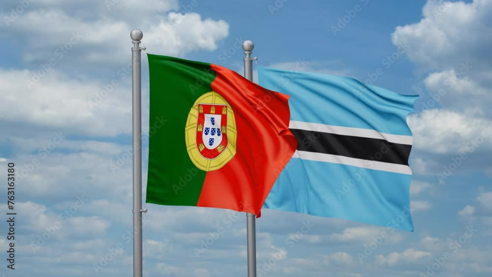 Botswana and Portugal two flags waving together, looped video, two country relations concept